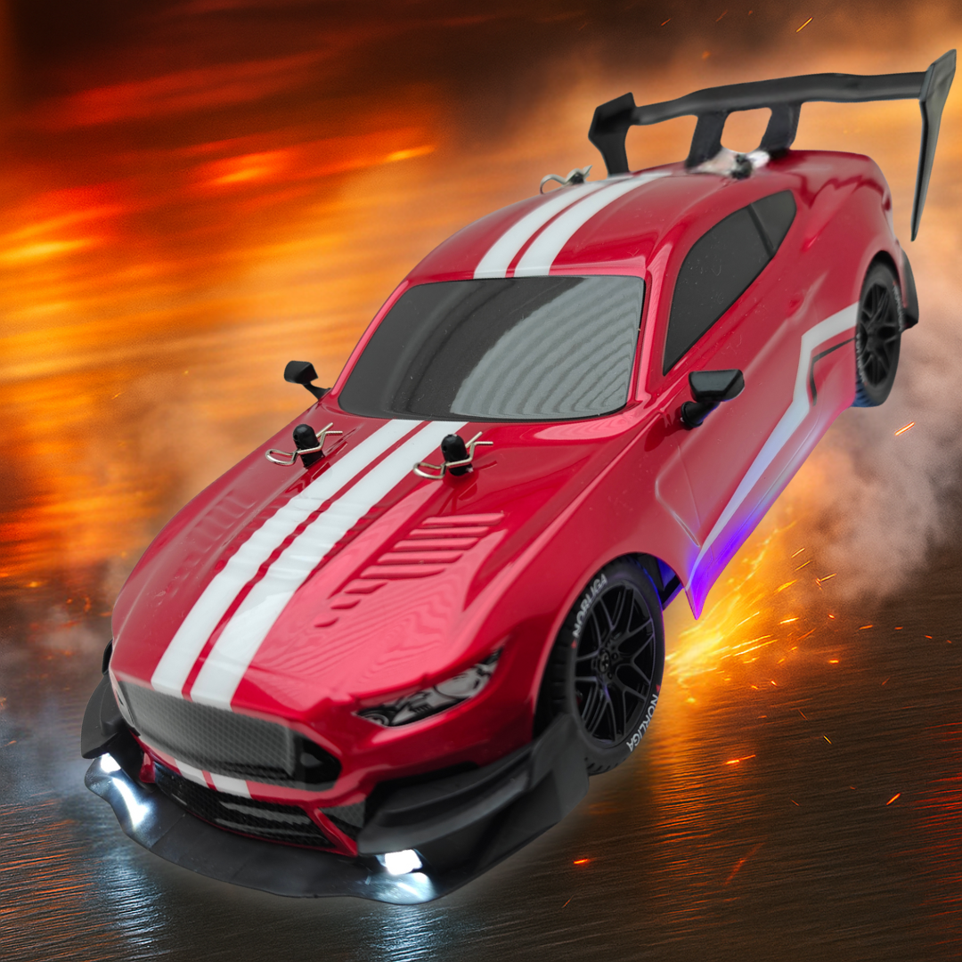 Red RC Drift Car PRO drifting with white stripes on a sparky surface.