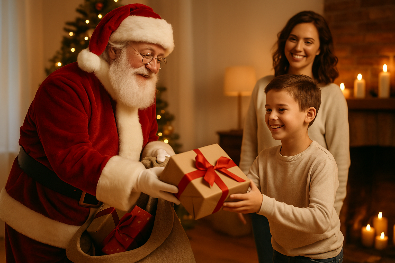 Santa Claus giving a wrapped gift to a smiling boy in a cozy living room while the mother smiles in the background. Santa’s sack is full of other colorful presents.
