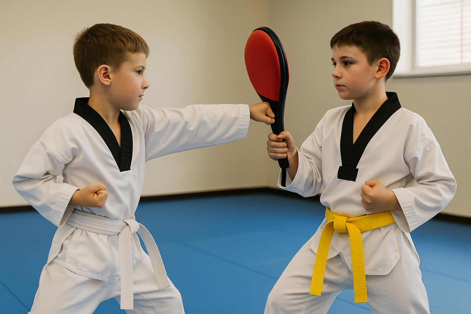 Two boys practicing taekwondo in a safe indoor space.