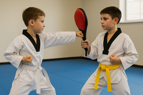 Two boys practicing taekwondo in a safe indoor space.