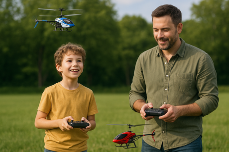 A young boy and his father are flying RC helicopters outdoors on a sunny day. The boy, smiling, controls a blue helicopter soaring high in the sky, while the focused father pilots a red helicopter flying lower near the ground.