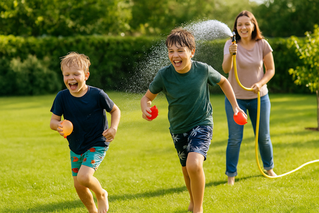 Two boys having a water balloon fight on a sunny lawn while their mom sprays them with a garden hose – pure summer fun.