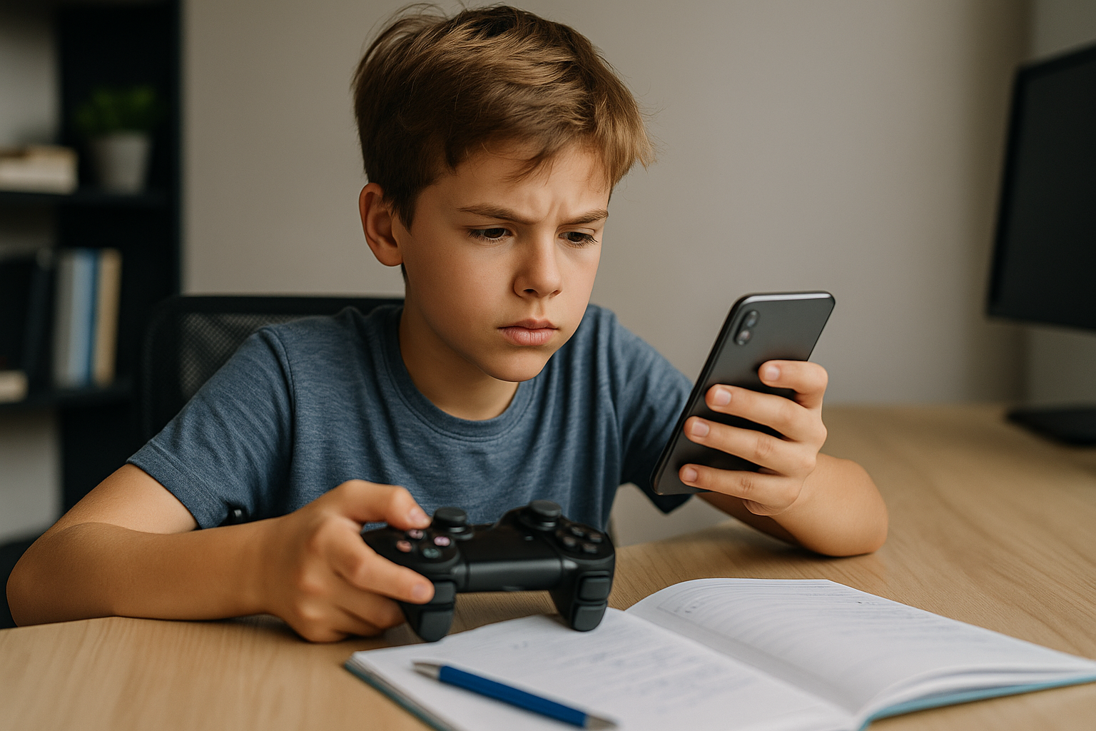 A boy plays video games while looking at his smartphone – an unfinished homework book lies on the desk.