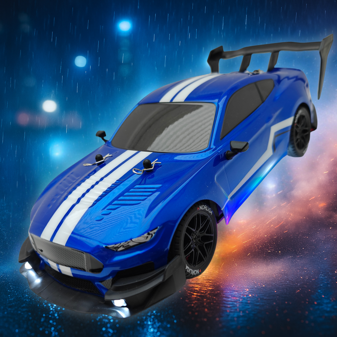 Blue RC Drift Car PRO drifting with white stripes on a reflective surface at night